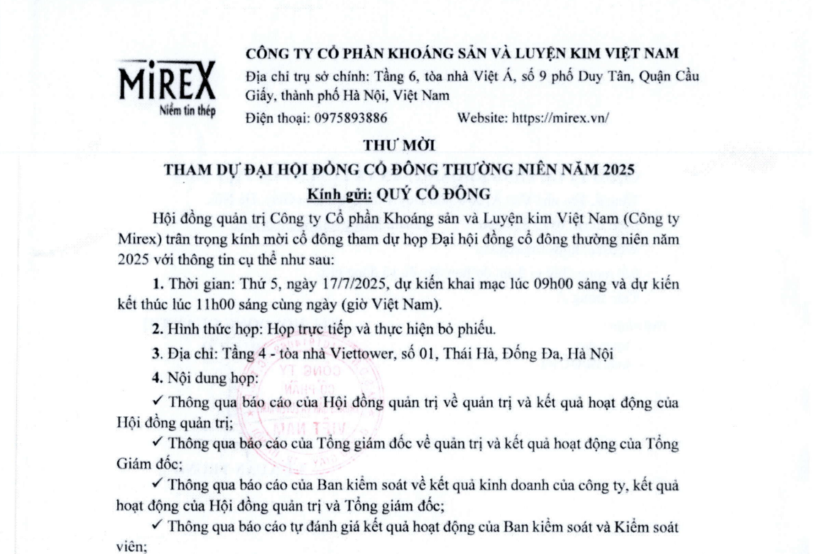 Thư mời họp ĐHĐCĐ thường niên năm 2025
